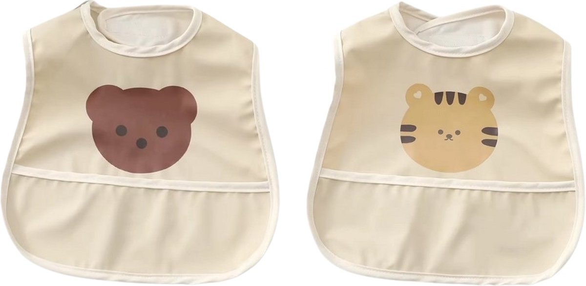Goedkoopste 2 Stuks - Baby Slabbetjes met Opvangbak - Beer en Tijger - 0-2 jaar