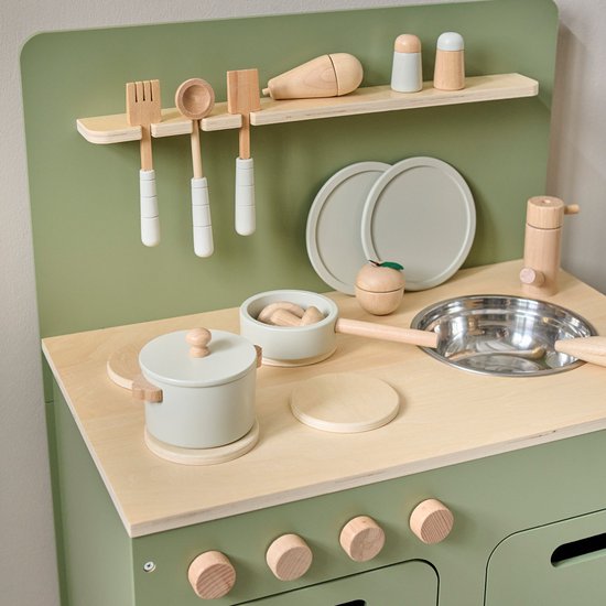 Speelkeuken Hout Olijfgroen - Kinderkeuken inc. 13 Speelgoed keuken accessoires - Frisse, rustgevende en speelse vol magie - Elke Dag een Culinaire Droom