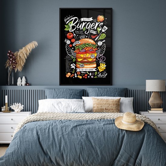 Fotolijst inclusief poster - Posterlijst 80x120 cm - Posters - Hamburger - Menu - Kleurrijk - Doodle - Tekstbord - Foto in lijst - Keuken decoratie muur - Wanddecoratie accessoires - Muurdecoratie - Schilderijen