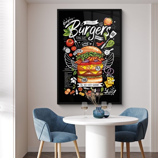 Fotolijst inclusief poster - Posterlijst 80x120 cm - Posters - Hamburger - Menu - Kleurrijk - Doodle - Tekstbord - Foto in lijst - Keuken decoratie muur - Wanddecoratie accessoires - Muurdecoratie - Schilderijen