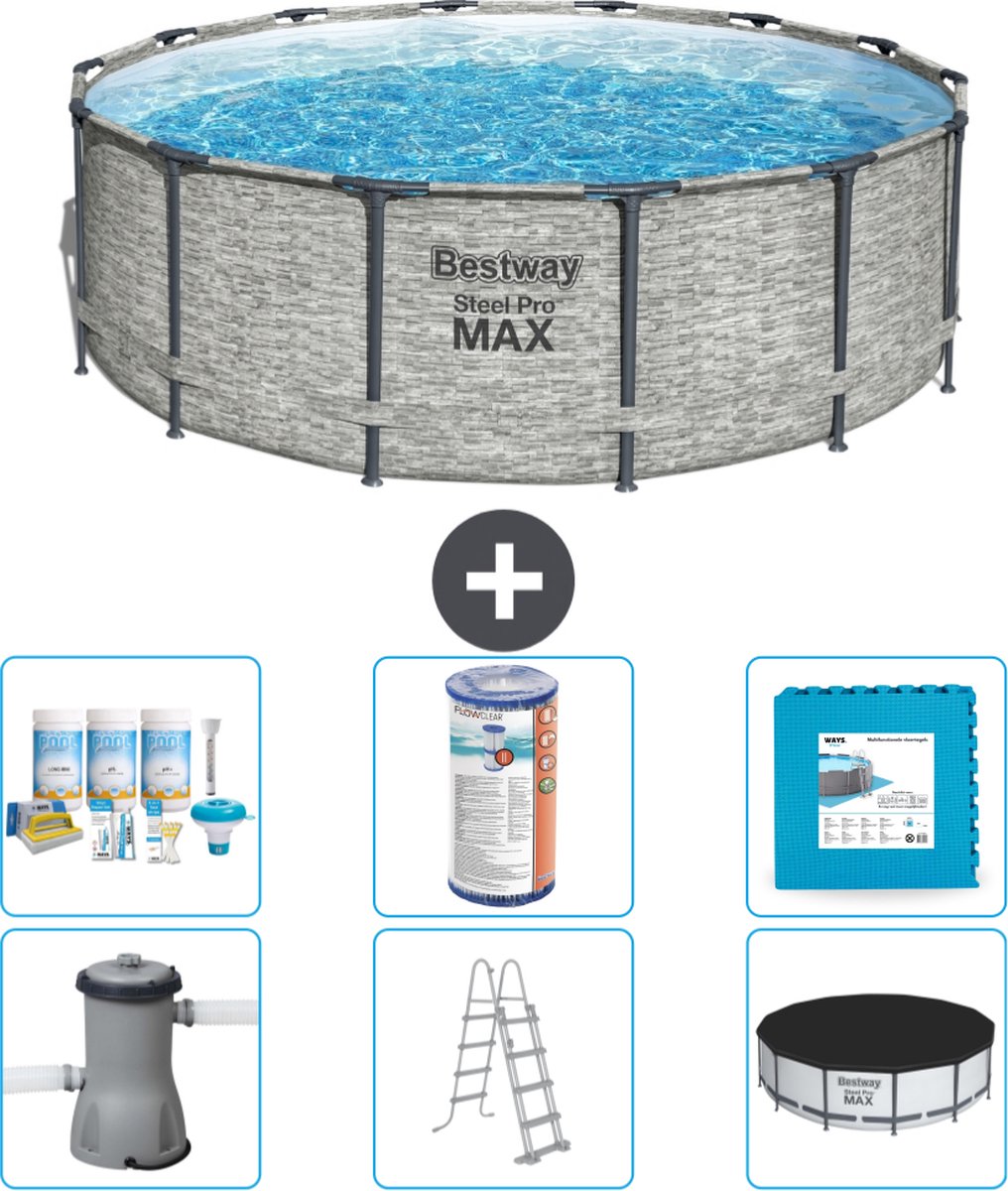 Bestway Rond Steel Pro MAX Zwembad – Steenprint – 427 x 122 cm – Inclusief Pomp – Ladder – Afdekzeil Onderhoudspakket – Filter – Vloertegels Bestway Rond Steel Pro MAX Zwembad – Steenprint – 427 x 122 cm – Inclusief Pomp – Ladder – Afdekzeil Onderhoudspakket – Filter – Vloertegels
