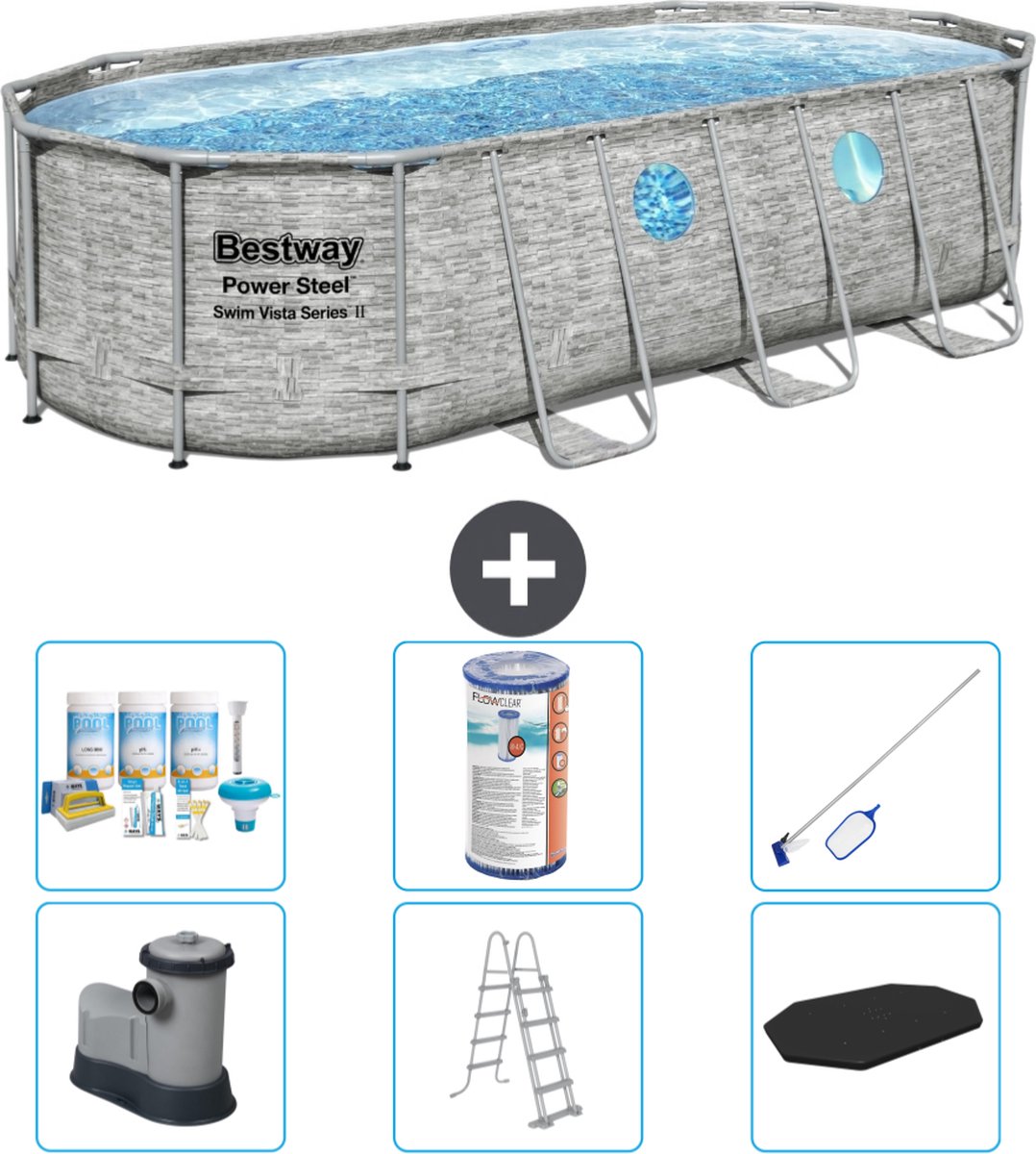 Bestway Ovaal Power Steel Swim Vista Zwembad - Steenprint - 549 x 274 x 122 - Inclusief Pomp - Ladder - Afdekzeil Onderhoudspakket - Filter - Schoonmaakset