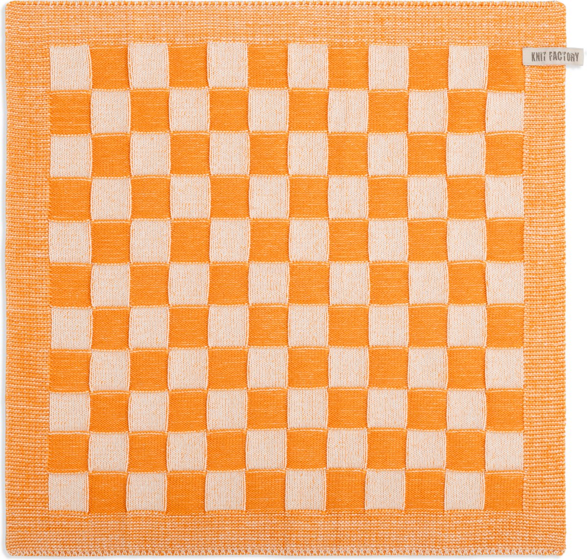 Knit Factory Gebreide Keukendoek - Keukenhanddoek Block - Geblokt motief - Handdoek - Vaatdoek - Keuken doek - Ecru/Orange - Traditionele look - 50x50 cm