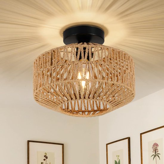 Lampe D&B - Plafonnier - Vintage - Abat-jour en rotin - Salon - Plafonnier Rustique - Chambre - Couloir - E27 - 29x29x18 Cm - Couleur Rotin Naturel