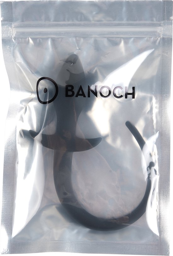 Zwarte siliconen butt plug met staart in Banoch verpakking.