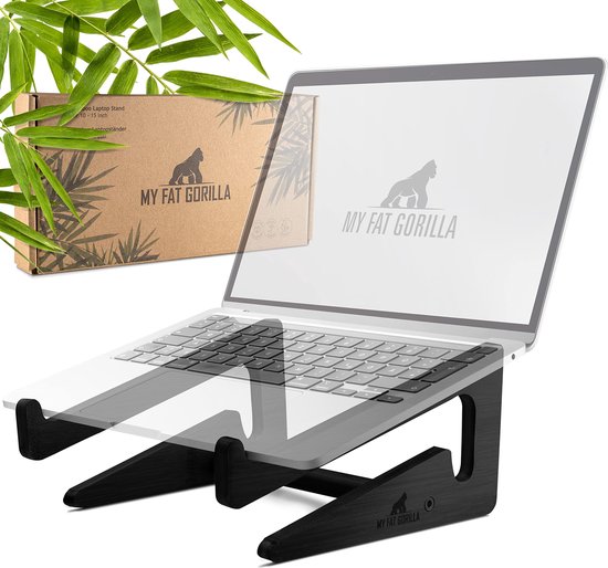 Foto: My fat gorilla laptopstandaard van bamboe ergonomische universele houder voor notebook verhoging compatibel met 10 15 inch laptophouder bureau verticale laptopstandaard bamboezwart 