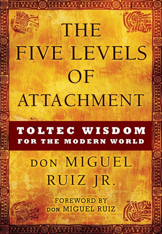 Couverture de livre avec le titre 'The Five Levels of Attachment' en gros caractères. Le fond est doré avec des motifs décoratifs.