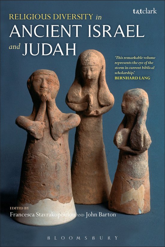 Boekcover met terracotta beelden van drie figuren, tekst 'Religious Diversity in Ancient Israel and Judah'.