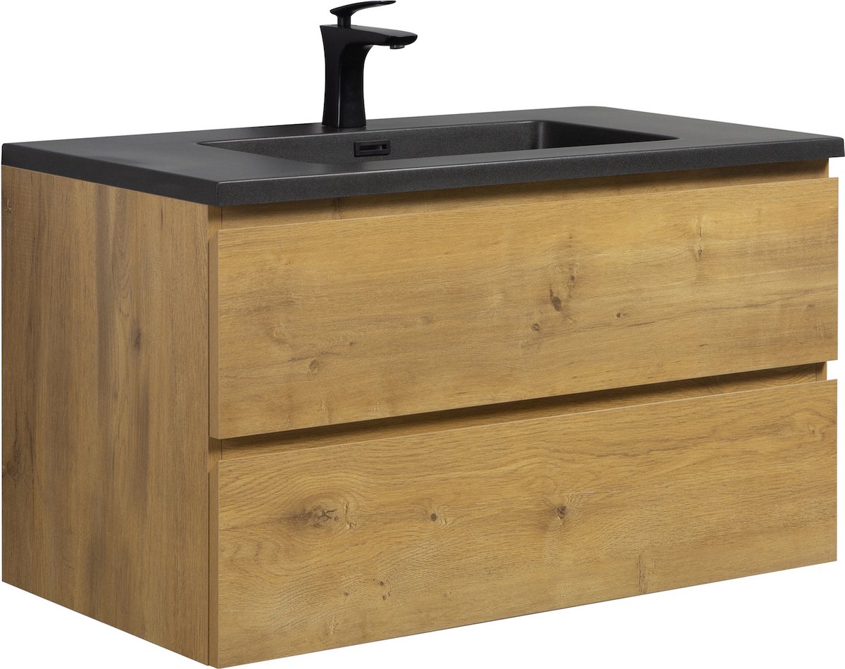 Badplaats Badkamermeubel Set Angela 90 cm – Eiken – Badmeubel met Zwarte Wastafel