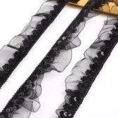 12 meter zwart elastisch kant met pailletten, stoffen kanten rand, elastisch rucheskant voor naaien, jurkdecoratie en cadeauverpakking