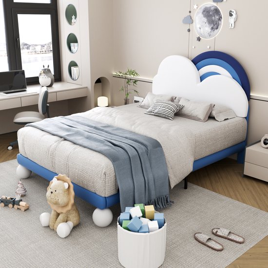 Gestoffeerd bed 90*200cm met Cloud hoofdbord - Kinderbed jeugdbed Eenpersoonsbed met houten lattenbodem - eenvoudige montage - in hoogte verstelbaar hoofdbord - PU blauw