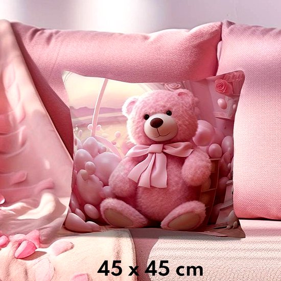 Allernieuwste.nl® Kussen Roze Knuffel Beer - Kinderkamer Kussenhoes Polyester - Kussenovertrek Lieve Roze Beer - Kleur 45 x 45 cm %%