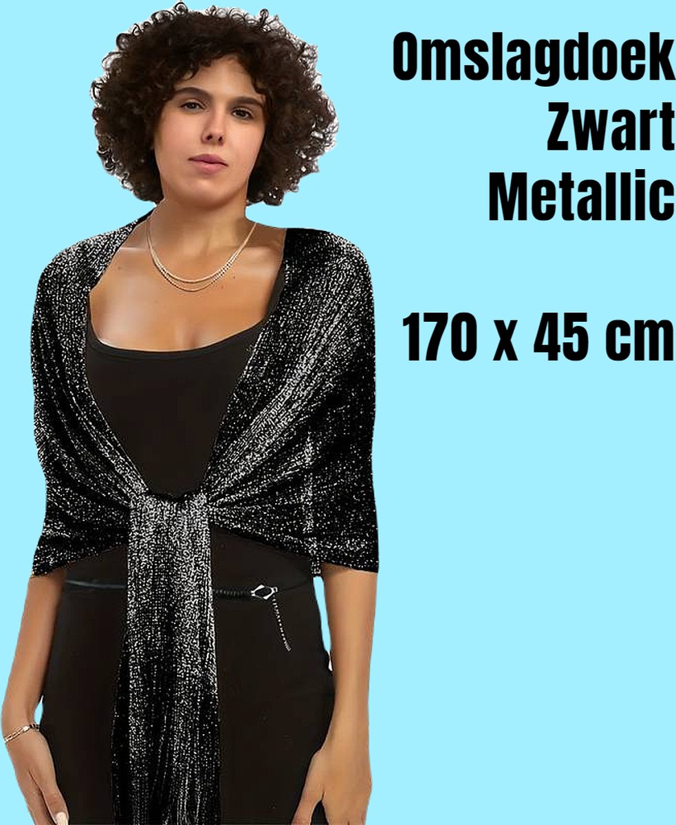 LaGloss® Sjaal Dames Omslagdoek ZWART Franjes - Lente Zomer Strand Weekend Casual Feestelijk Avondjurk Stola Metallic Zwart - 170 x 45 cm %%