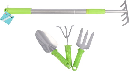 Groen & Zilveren Tuingereedschap Set - Gemaakt Van Metaal En Plastic| Inhoud1 Hark En 3stuks Tuingereedschap - Hark verstelbaar tot 90 cm - Tuingereedschap met 25*8cm| Onmisbaar Voor Tuinonderhoud van Groën — afbeelding 2