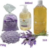 Bio persoonlijke hygiëne VOORDEEL pakket. Biologisch ecologisch. Lavendel zeepvlokken 750g, veld lavendel handzeep pompfles 300ml vloeibare lavendel zeep 1Lit.