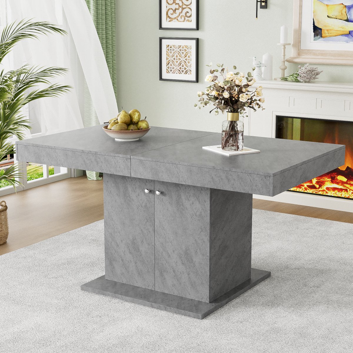 Sweiko Uittrekbare Eettafel L140 180*W80*H76cm Eettafel met opbergruimte Rechthoekige eettafel Koffievrijetijdstafel Ruimtebesparende multifunctionele eettafel Automatische telescopische tafel Betonlook