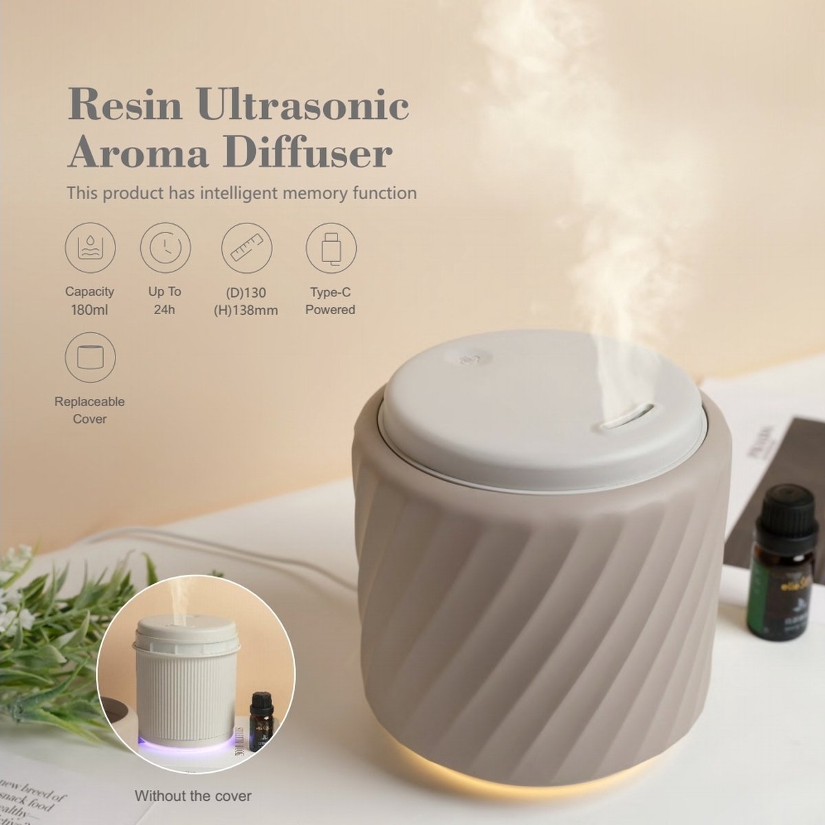 Goedkoopste Resin Aroma Diffuser - Slash Grijs - kleurrijk licht - 180ml - Aromatherapie - Geurverspreider