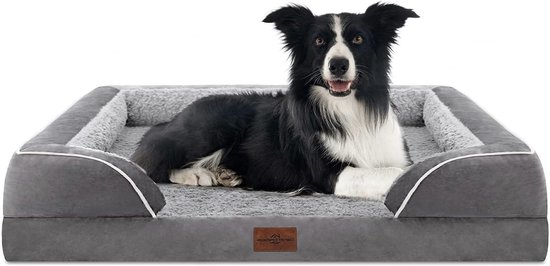 KSIIA Orthopedisch hondenbed, voor grote honden, hondensofa, overtrek, afneembaar, wasbaar, XL hondenbank met drie verhoogde randen, antislip onderkant, noppenschuim, hondenmand, grijs, 111 x 81 x 18