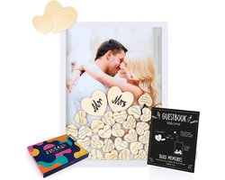 Fissaly Bruiloft & Huwelijk Gastenboek met 100 Stuks Houten Hartjes – Trouwdag Feest Decoratie – Receptieboek - Cadeau