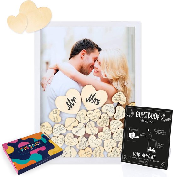 Fissaly Bruiloft & Huwelijk Gastenboek met 100 Stuks Houten Hartjes – Trouwdag Feest Decoratie – Receptieboek - Cadeau