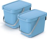 Keden GFT aanrecht afvalbak - 2x - lichtblauw - 6L - afsluitbaar - 20 x 26 x 20 cm - klepje/hengsel - kleine prullenbakken - afval scheiden