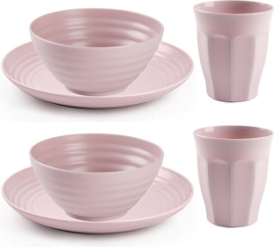 Plasticforte Camping Set de Services de table - plastique - rose - 4x assiettes/4x gobelets/4x bols - incassable