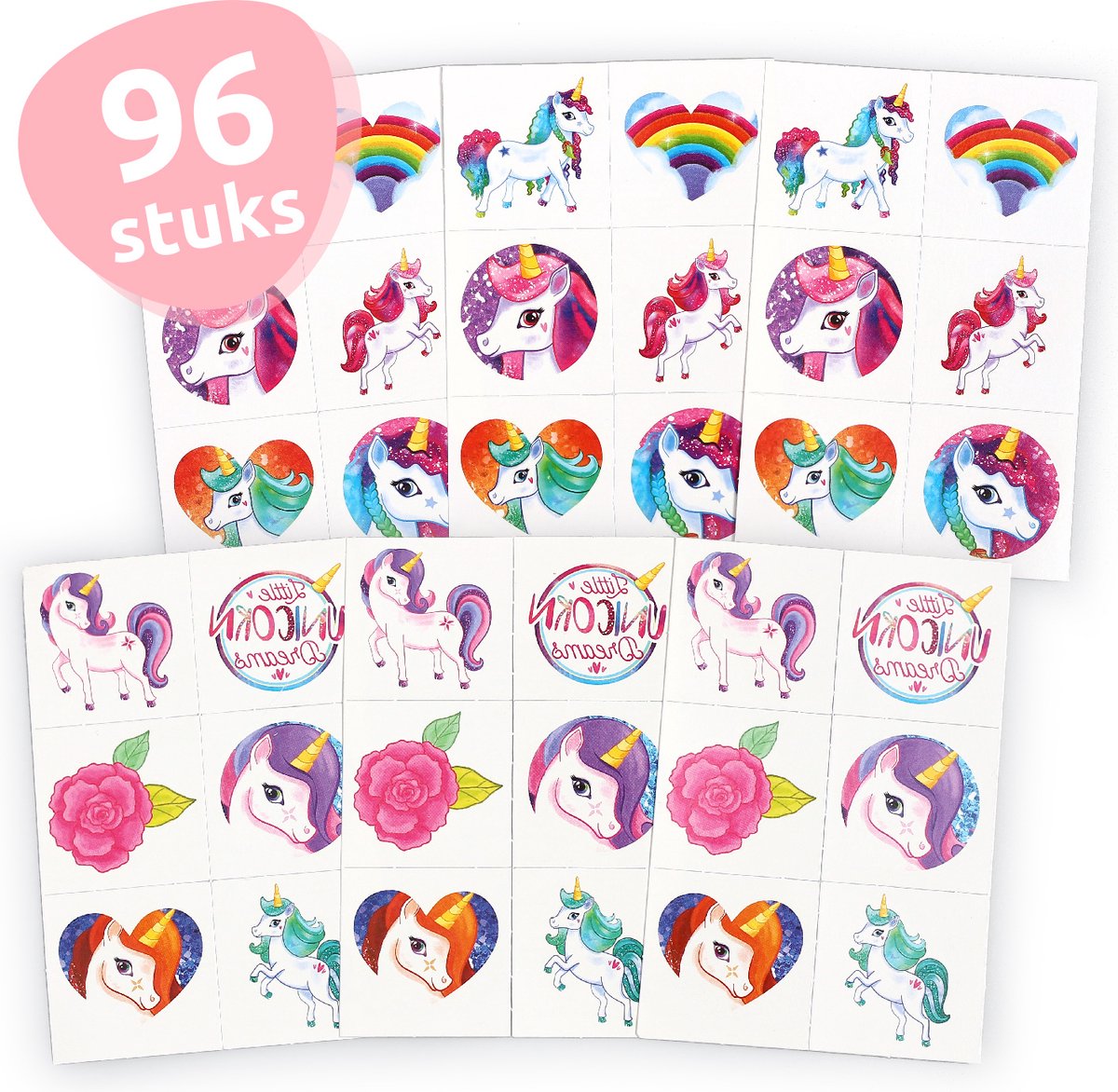 Isa's Friends® - Tattoo's kinderen 96 stuks - Uitdeelcadeau Unicorn - Traktatie - Tijdelijke tattoo - Plak tattoos - Uitdeelcadeautjes voor Kinderen