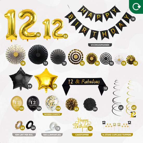 Fissaly 12 Jaar Verjaardag Decoratie Versiering - Ballonnen – Jubileum - Jongen & Meisje - Zwart en Goud
