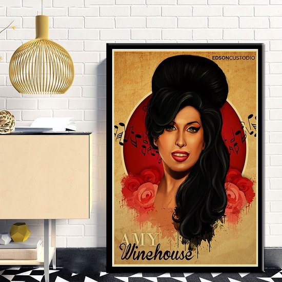 Allernieuwste.nl® Canvas Schilderij Amy Winehouse Zangeres - Vintage - Muziek - kleur - 50 x 75 cm