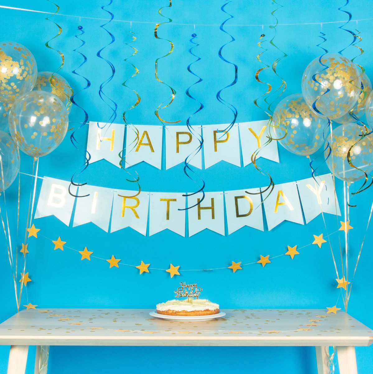 Fissaly Verjaardag Slinger Blauw & Goud met Papieren Confetti Ballonnen – Decoratie – Happy Birthday - Letterslinger — afbeelding 3