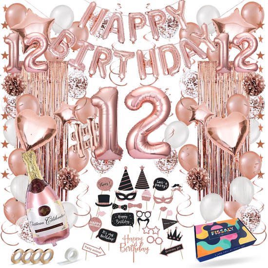 Fissaly 12 Jaar Rose Goud Verjaardag Decoratie Versiering - Helium, Latex & Papieren Confetti Ballonnen