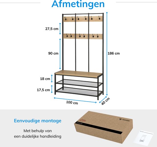 Afmetingen kapstok: 186cm hoog, 100cm breed, 40cm diep. Met montagehandleiding.