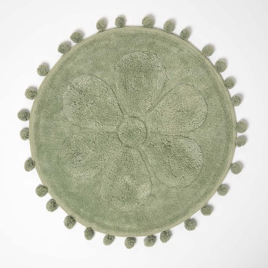 Homescapes ronde badmat bloem, 60 cm - badmat saliegroen met pompons