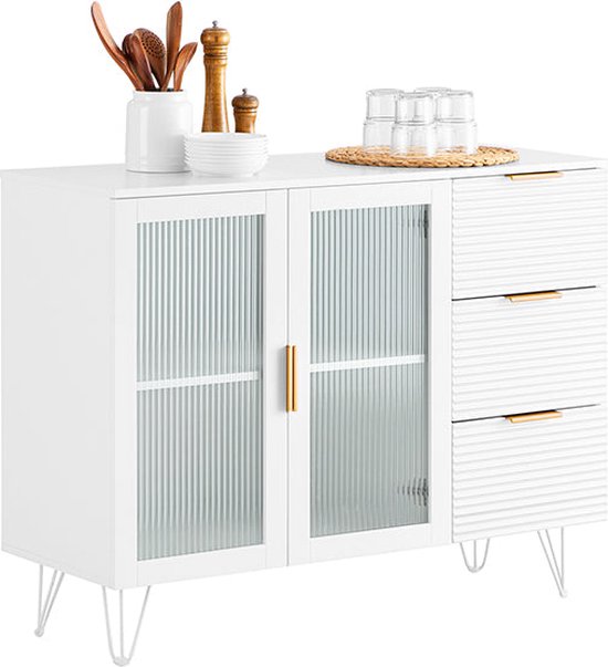 Keukenkast met Glazen Deur - Keukeneiland - Dressoir - Dressoir - Stijlvolle Opberger - Stevige Metalen Voeten - Eenvoudige Montage - Wit met Gouden Handgrepen - 108cm x 85cm x 40cm