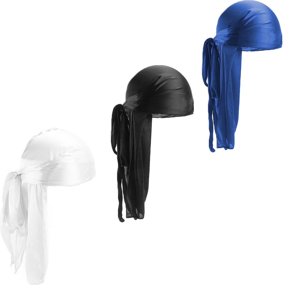 Somstyle Durag Set - 3 Stuks - Wave Cap - Hoofddoek - Universeel - Hoofddeksel - Zwart, Wit & Blauw