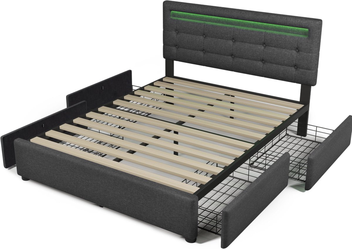 Merax Gestoffeerd Tweepersoonsbed 140x200 cm - Bed met LED Verlichting en 4 Lades - Grijs