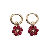 ∅14mm x 2mm Oorringen Dames - Verguld RVS - Doffe Rode Gefacetteerde Kristallen Bloem Hanger - Bungelende Oorbellen