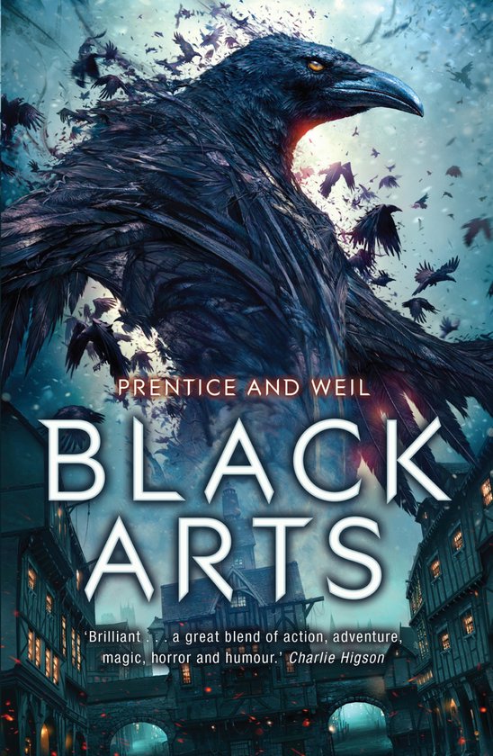Een grote, donkere kraai vliegt over een fantasiewereld met gebouwen, met de titel Black Arts.
