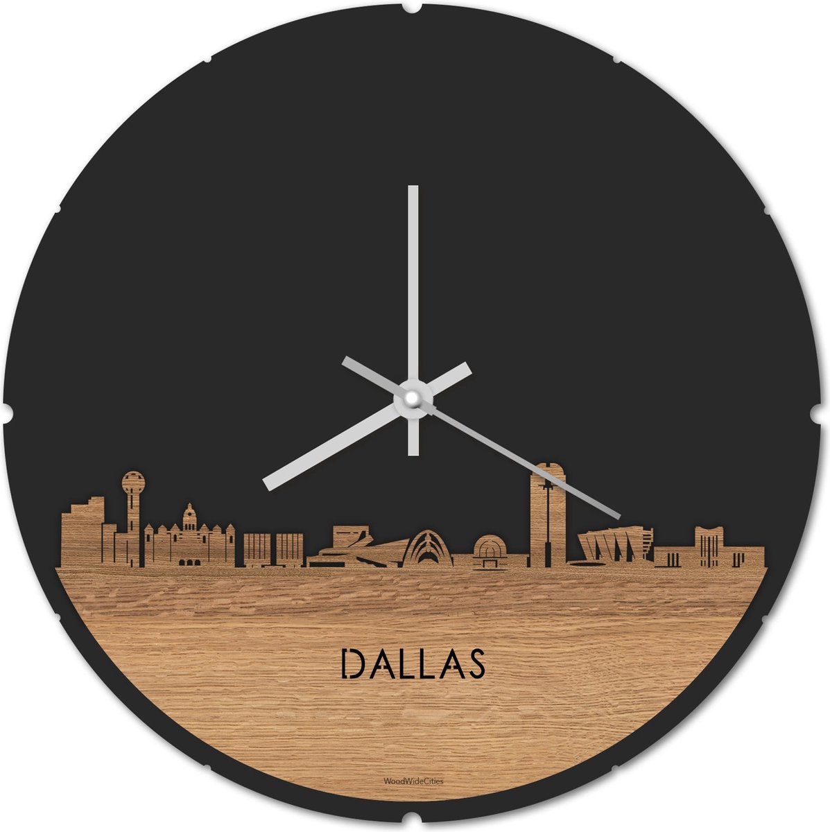 Skyline Klok Rond Dallas Eikenhout - Ø 44 cm - Stil uurwerk - Wanddecoratie - Meer steden beschikbaar - Woonkamer idee - Woondecoratie - City Art - Steden kunst - Cadeau voor hem - Cadeau voor haar - Jubileum - Trouwerij - Housewarming -