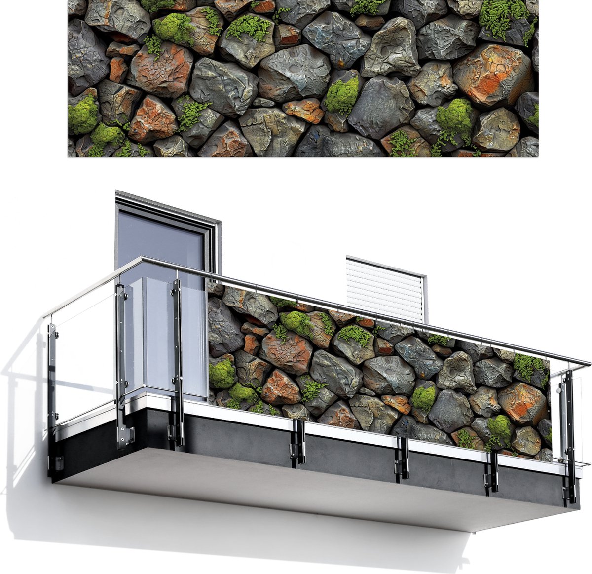 Balkonscherm 300x100 cm - Balkonposter Steenlook - Mos - Grijs - Groen - Balkon scherm decoratie - Balkonschermen - Balkondoek zonnescherm