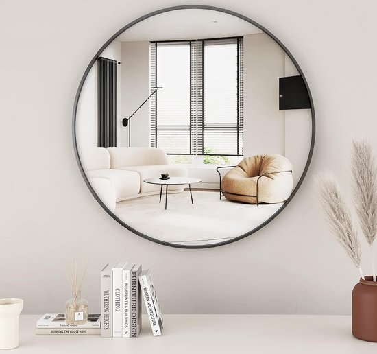 80 cm ronde zwarte ronde spiegel, wandspiegel met frame van aluminiumlegering voor badkamer, wastafel, woonkamer, slaapkamer, entree, wanddecoratie