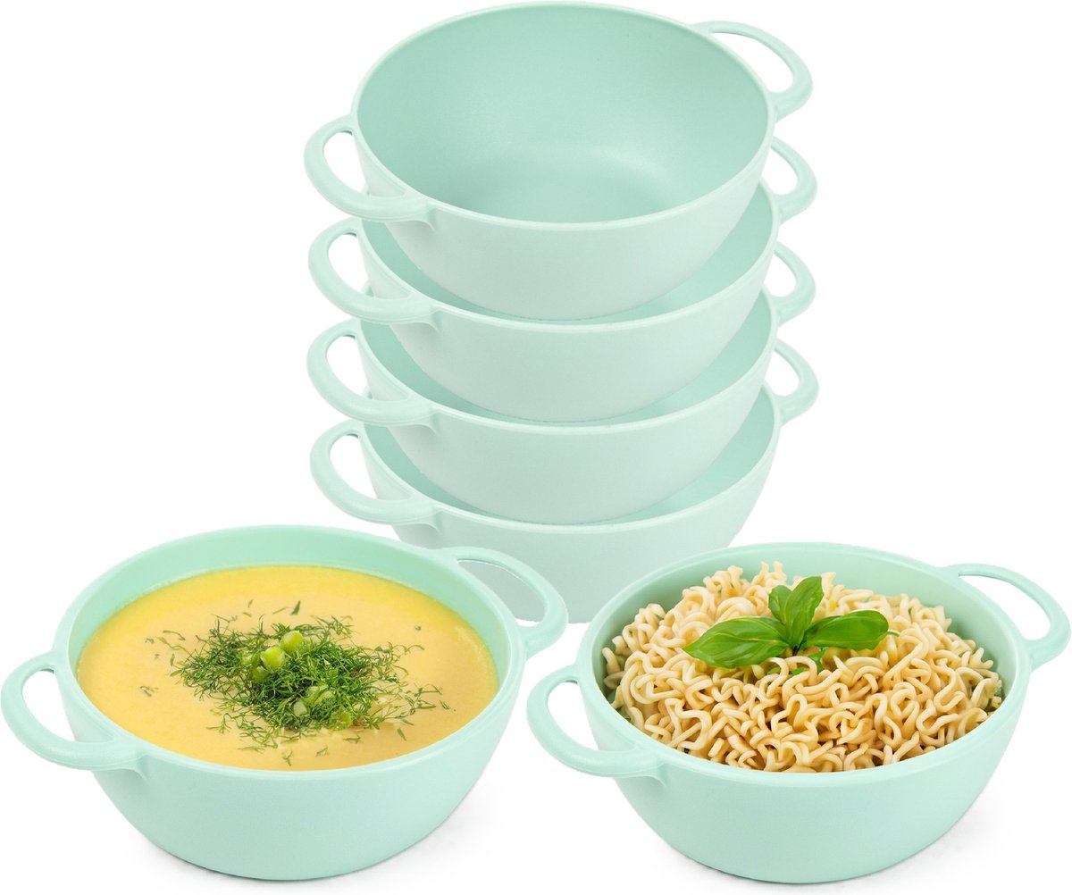 Plasticforte Soepkommen met hengsels - 8x - Campinglife - kunststof - D11 x H5 cm - 370 ml - mintgroen - stapelbaar - onbreekbaar