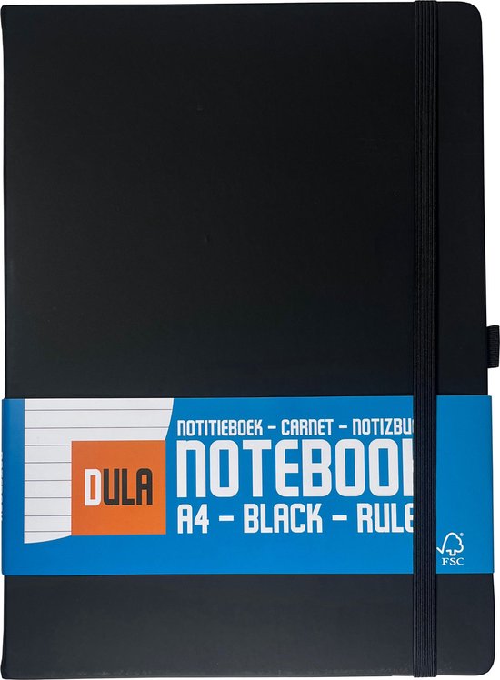 Zwarte DULA notitieboek A4, gelinieerd, met blauwe band en elastische sluiting