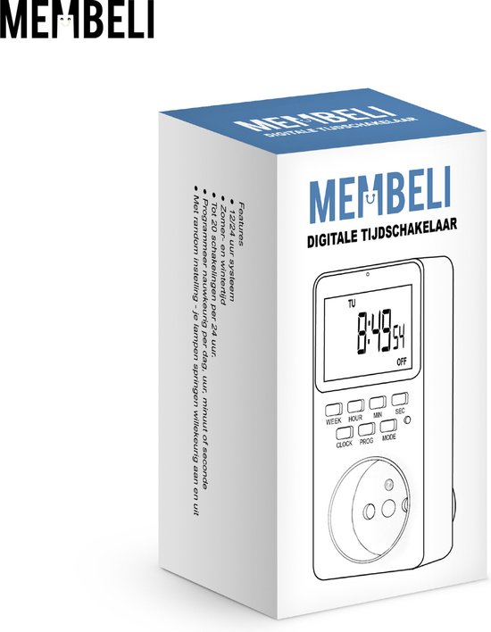Doos van een digitale tijdschakelaar van Membeli met een afbeelding van het product en "Digitale Tijdschakelaar" erop.