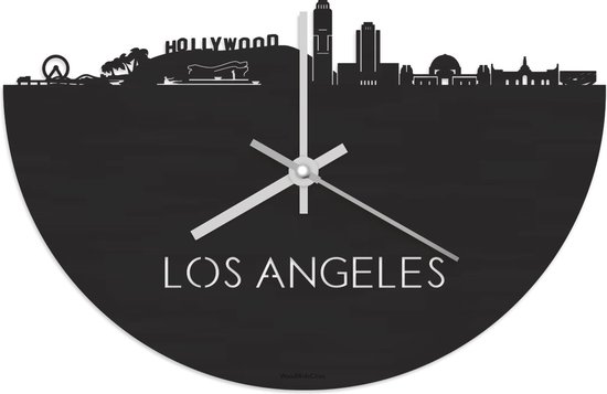 Skyline Klok Los Angeles Zwart hout - Ø 40 cm - Stil uurwerk - Wanddecoratie - Meer steden beschikbaar - Woonkamer idee - Woondecoratie - City Art - Steden kunst - Cadeau voor hem - Cadeau voor haar - Jubileum - Trouwerij - Housewarming -