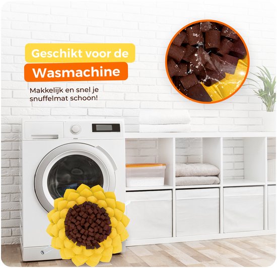 Zonnebloem snuffelmat naast een wasmachine, geschikt voor de wasmachine.