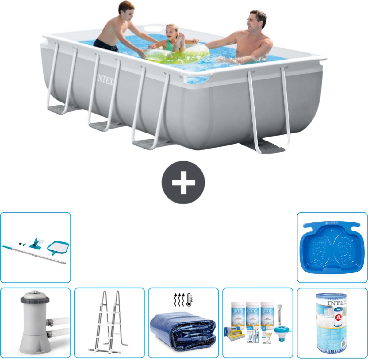 Intex Rechthoekig Prism Frame Zwembad – 300 x 175 x 80 cm – Grijs – Inclusief Pomp – Ladder Solarzeil – Onderhoudspakket – Filter – Schoonmaakset – Voetenbad