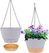 2-pack hangende plantenbakkenset, 25,4 cm binnen en buiten hangende plantenbakkenmand, hangende bloempot met afvoergat met 3 haken voor tuinhuis (lichtgrijs)