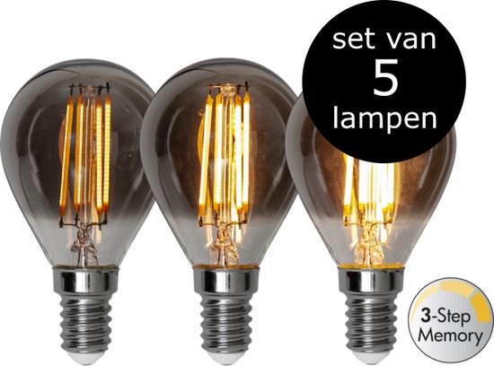 Set de 5 ampoules à filament sphériques fumées et dimmables avec culot E14. Avec mémoire 3 étapes.