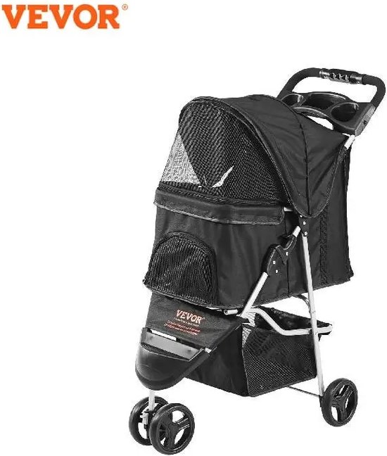 VEVOR Kinderwagen, 4 wielen hondenwandelwagen roteren met remmen, 35 lbs gewichtscapaciteit, puppy kinderwagen met afneembare drager, opbergmand en bekerhouder, voor honden en katten reizen, zwart